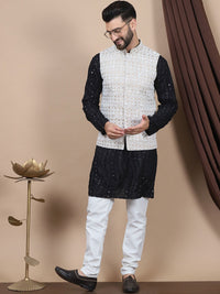 Anouk Floral Embroidered Sequinned Pure Cotton Straight Kurta With Churidar & Nehru Jacket