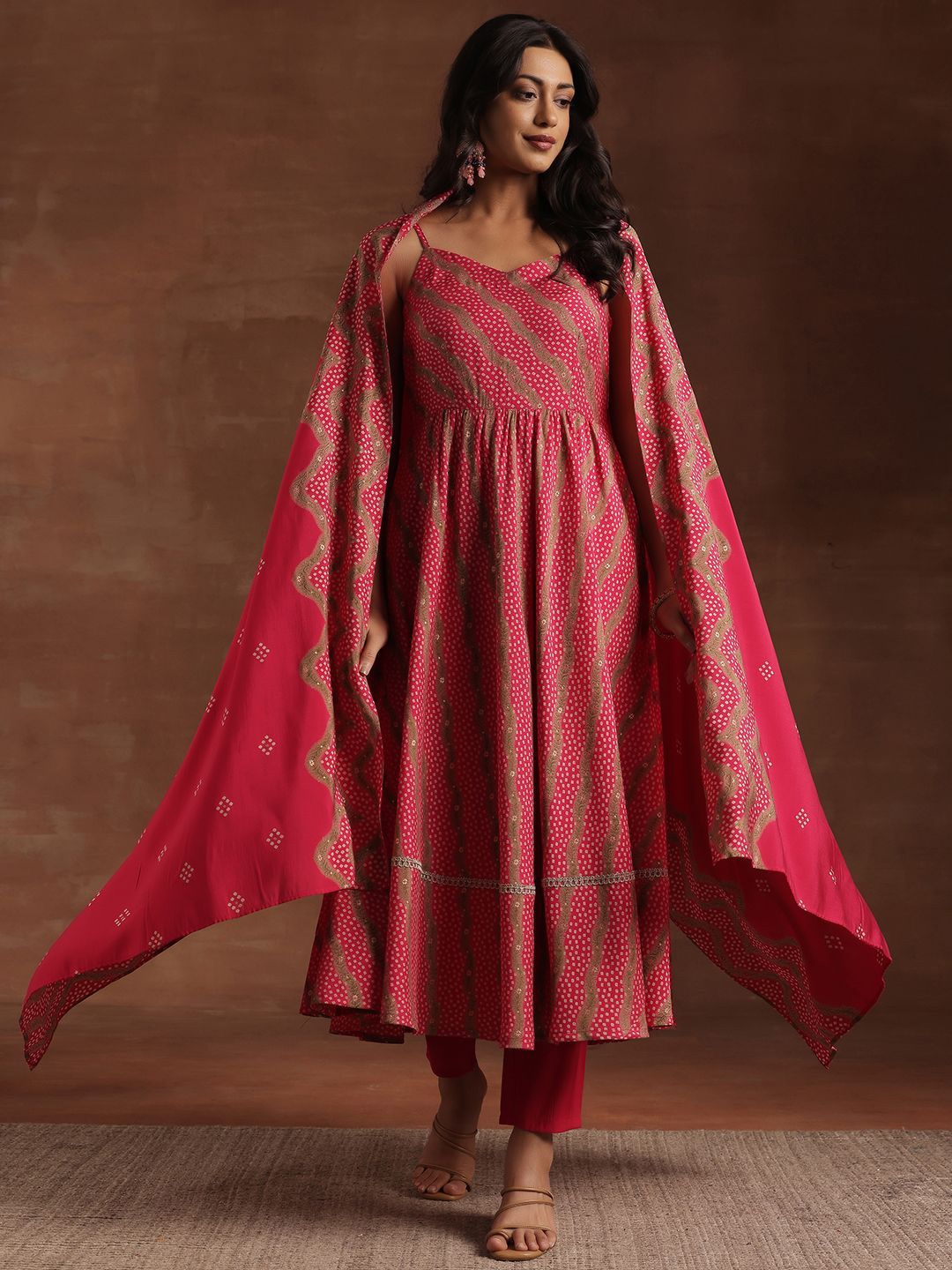 Libas Bandhani Printed Pleated Shoulder Straps Anarkali Kurta With Trouser & Dupatta