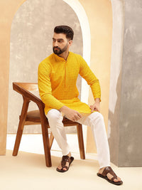 Anouk Yellow Geometric Embroidered Mandarin Collar Straight Pure Cotton Kurta With Pyjamas