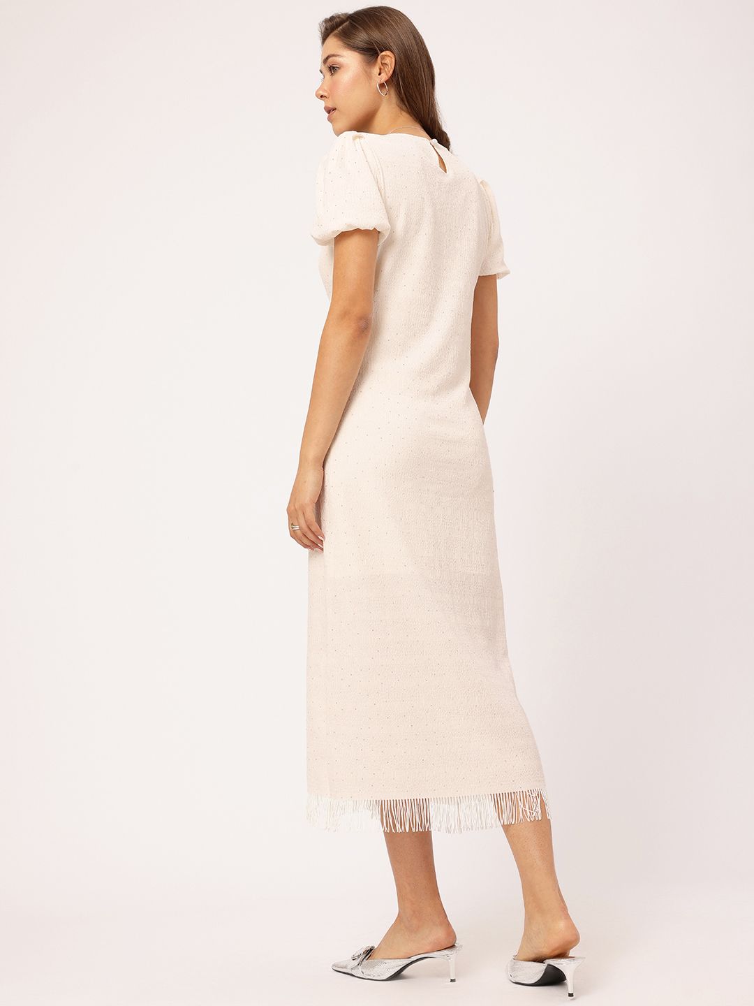 DressBerry Gleam Team Embellished Textured Fringed Hem Midi Sheath Dress