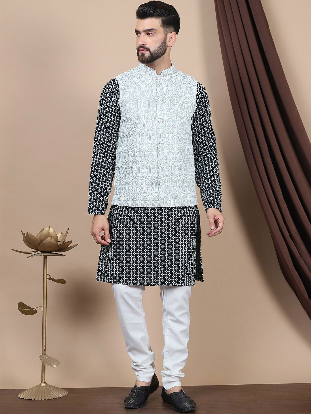 Anouk Green Ethnic Motifs Embroidered Straight Thread Work Pure Cotton Kurta with Churidar