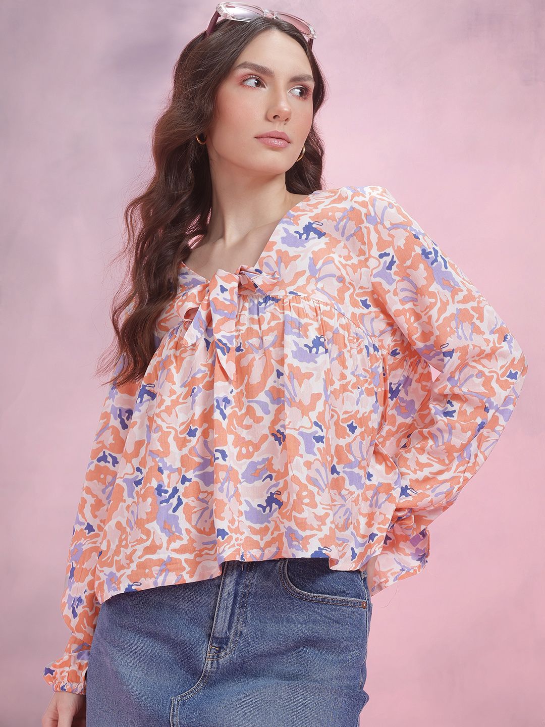 DressBerry Printed Tie-Up Neck Puff Sleeve Top