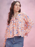 DressBerry Printed Tie-Up Neck Puff Sleeve Top