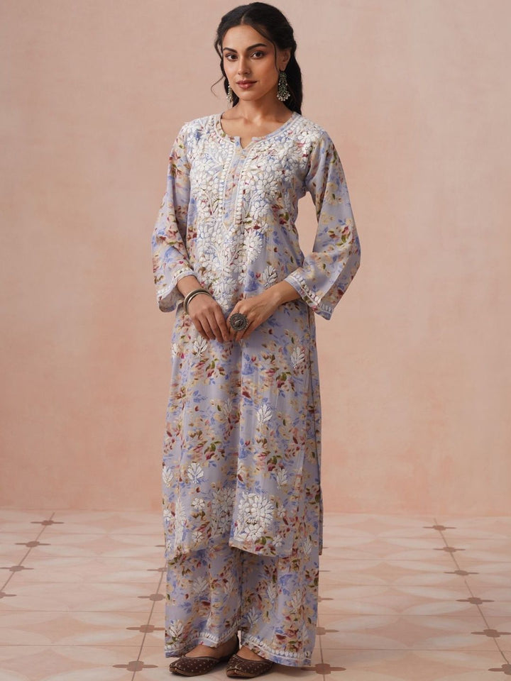 House of Chikankari Women Printed Regular Chikankari Kurta with Trousers