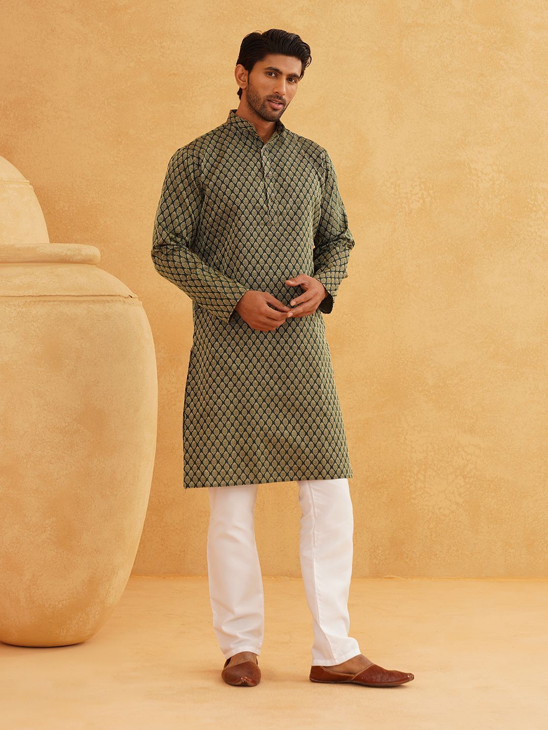 SOJANYA Ethnic Motifs Woven design Band Collar Straight Kurta With Churidar