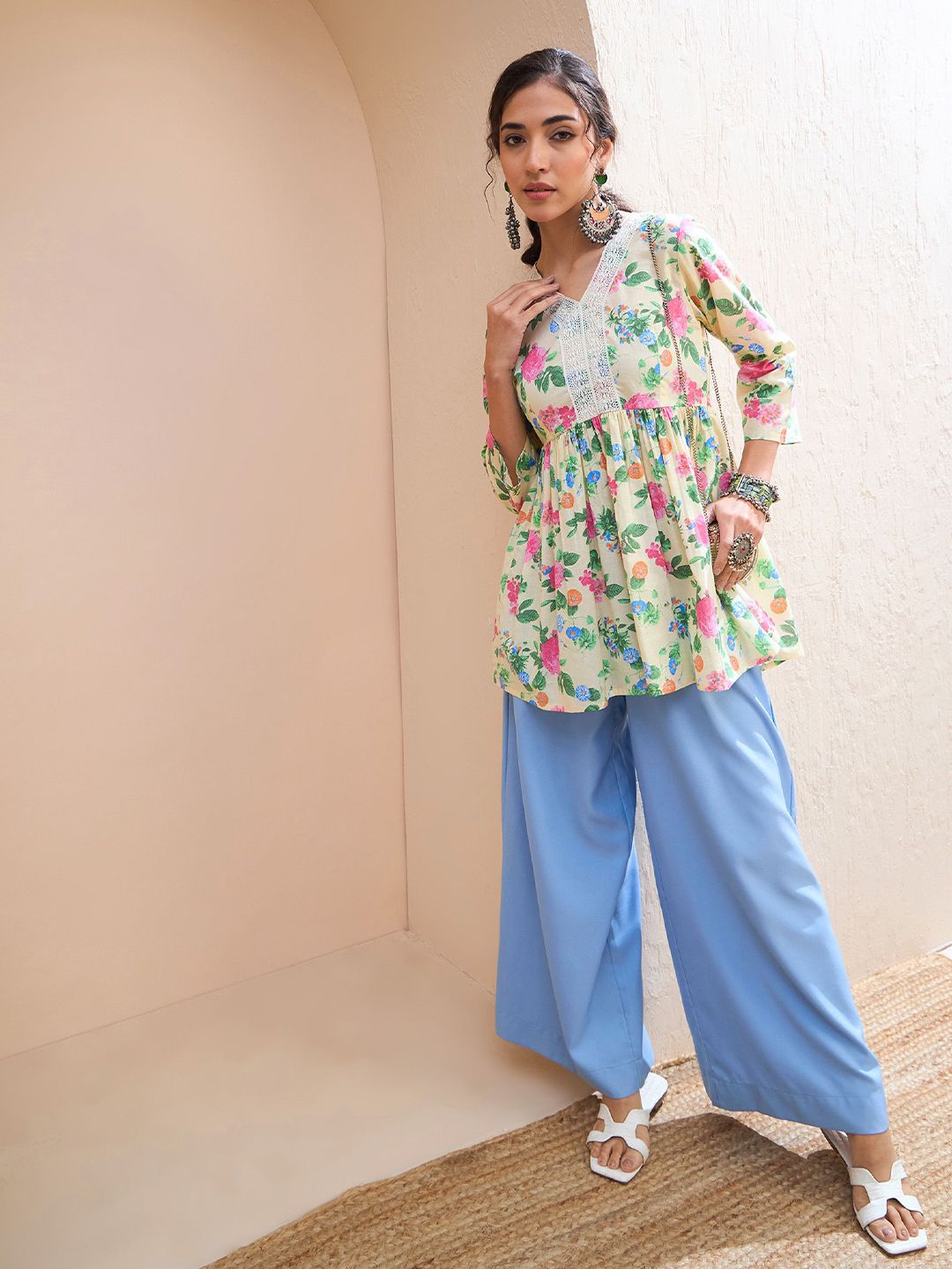 Shae by SASSAFRAS Floral Printed V-Neck Patchwork Pure Cotton Patchwork Kurti