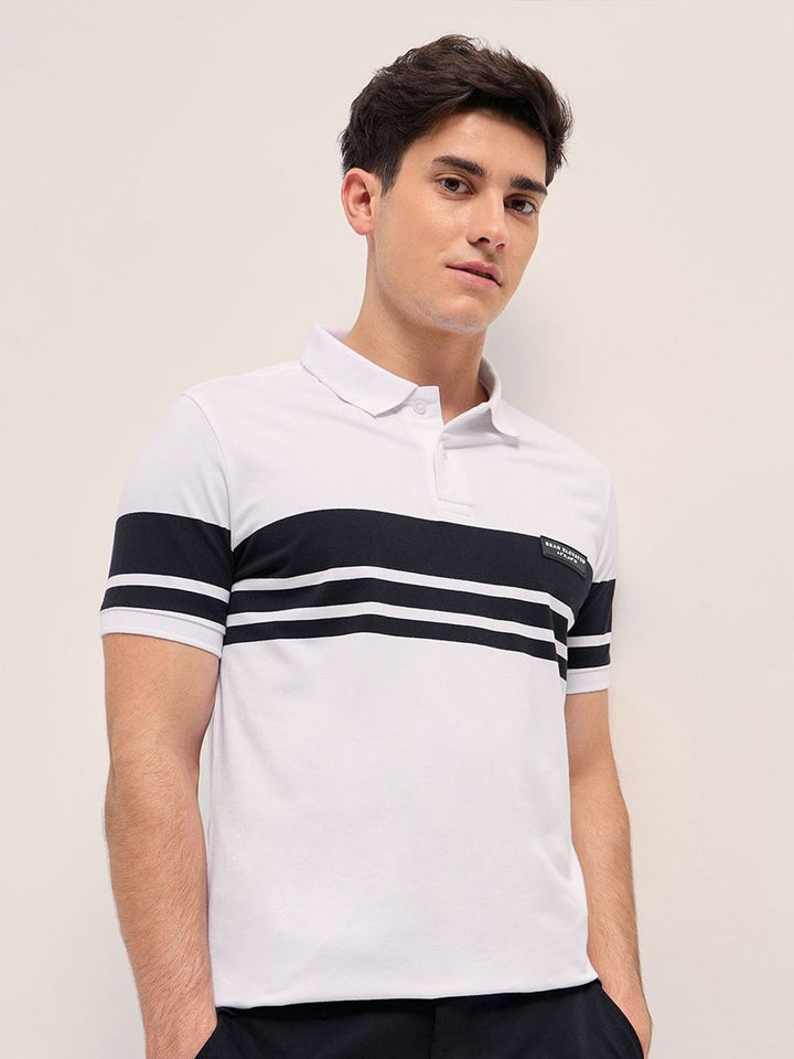 THE BEAR HOUSE Men Striped Polo Collar Cotton T-shirt