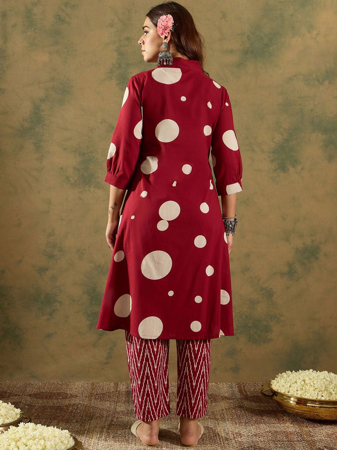 Indo Era V-Neck Printed Pleated Pure Cotton A-Line Kurta with Trousers