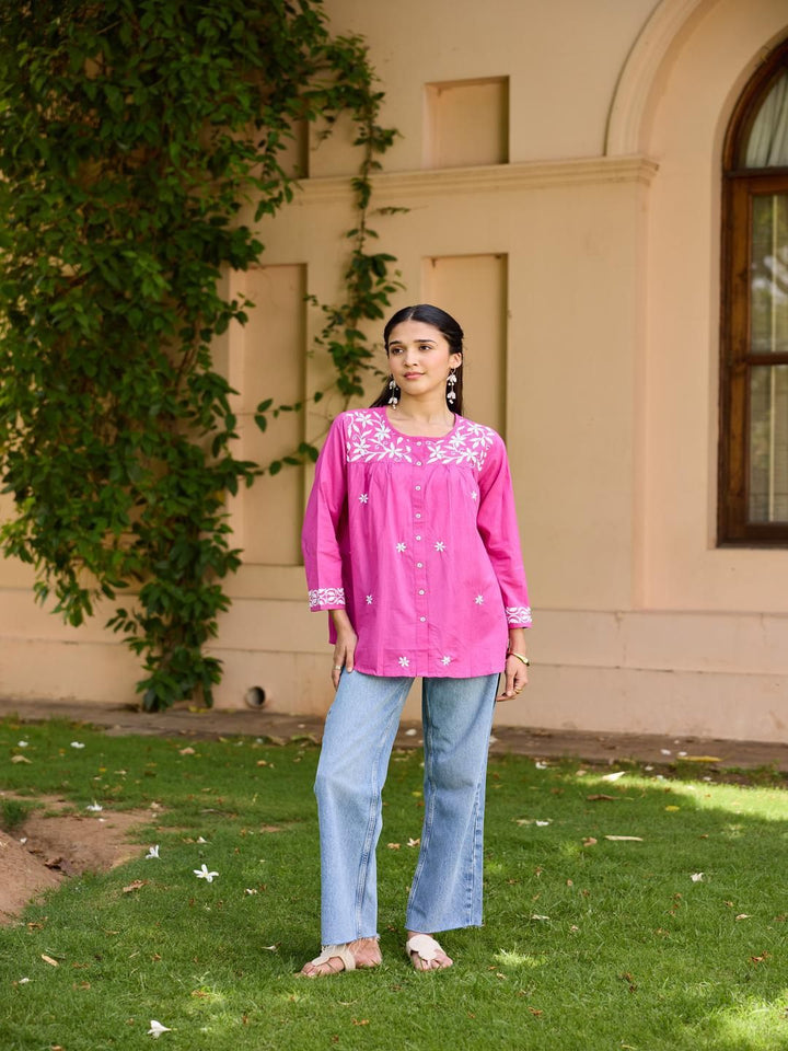 House of Chikankari Women Pink Cotton Chikankari Embroidered Top