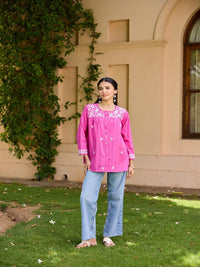 House of Chikankari Women Pink Cotton Chikankari Embroidered Top