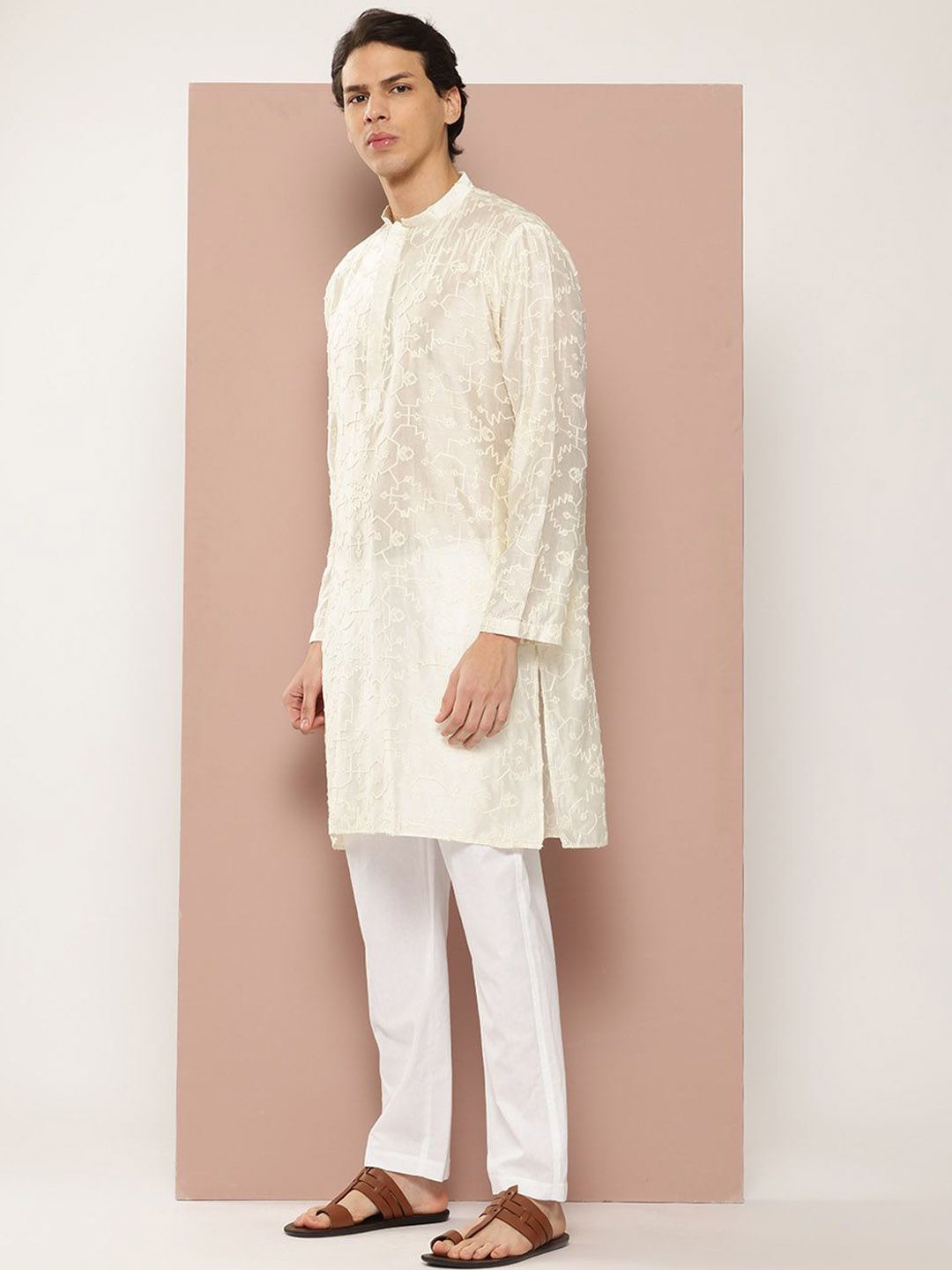 See Designs Woven Design Mandarin Collar Chanderi Silk Straight Kurta