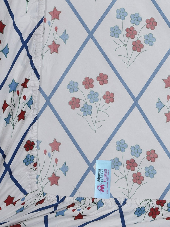 Myntra Elegant Homes All Seasons White Floral Cotton 300 TC Fitted King Cadar Tempat Tidur Halus dengan 2 Sarung Bantal-98 x 89 inci