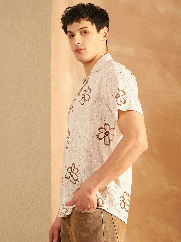 DENNISON Men Schiffli Block Printed Oversized Casual Shirt