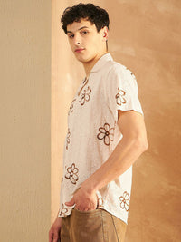DENNISON Men Schiffli Block Printed Oversized Casual Shirt