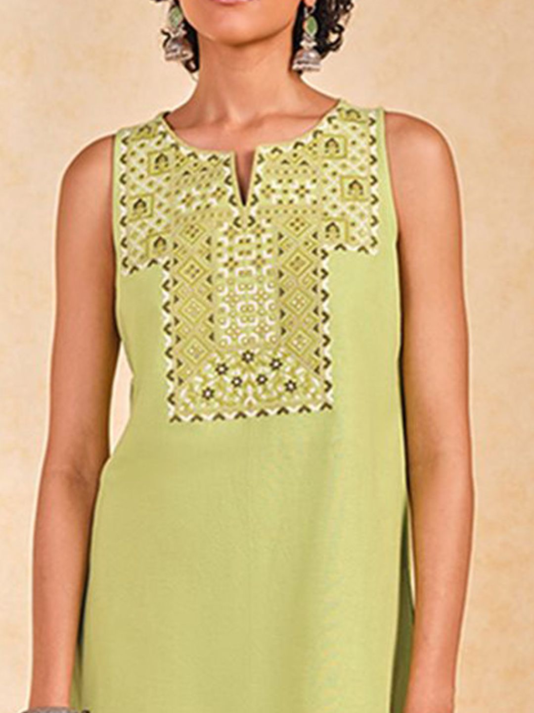 Global Desi Geometric Yoke Design Sleeveless Notch Neck Thread Work Straight Kurta