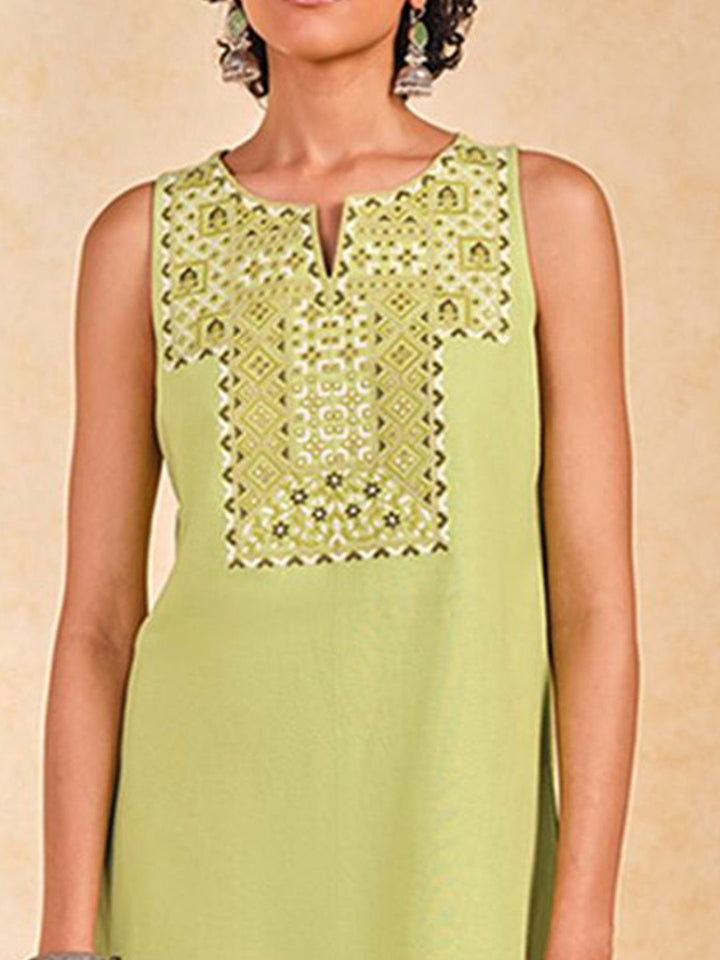 Global Desi Geometric Yoke Design Sleeveless Notch Neck Thread Work Straight Kurta