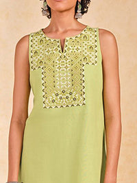 Global Desi Geometric Yoke Design Sleeveless Notch Neck Thread Work Straight Kurta
