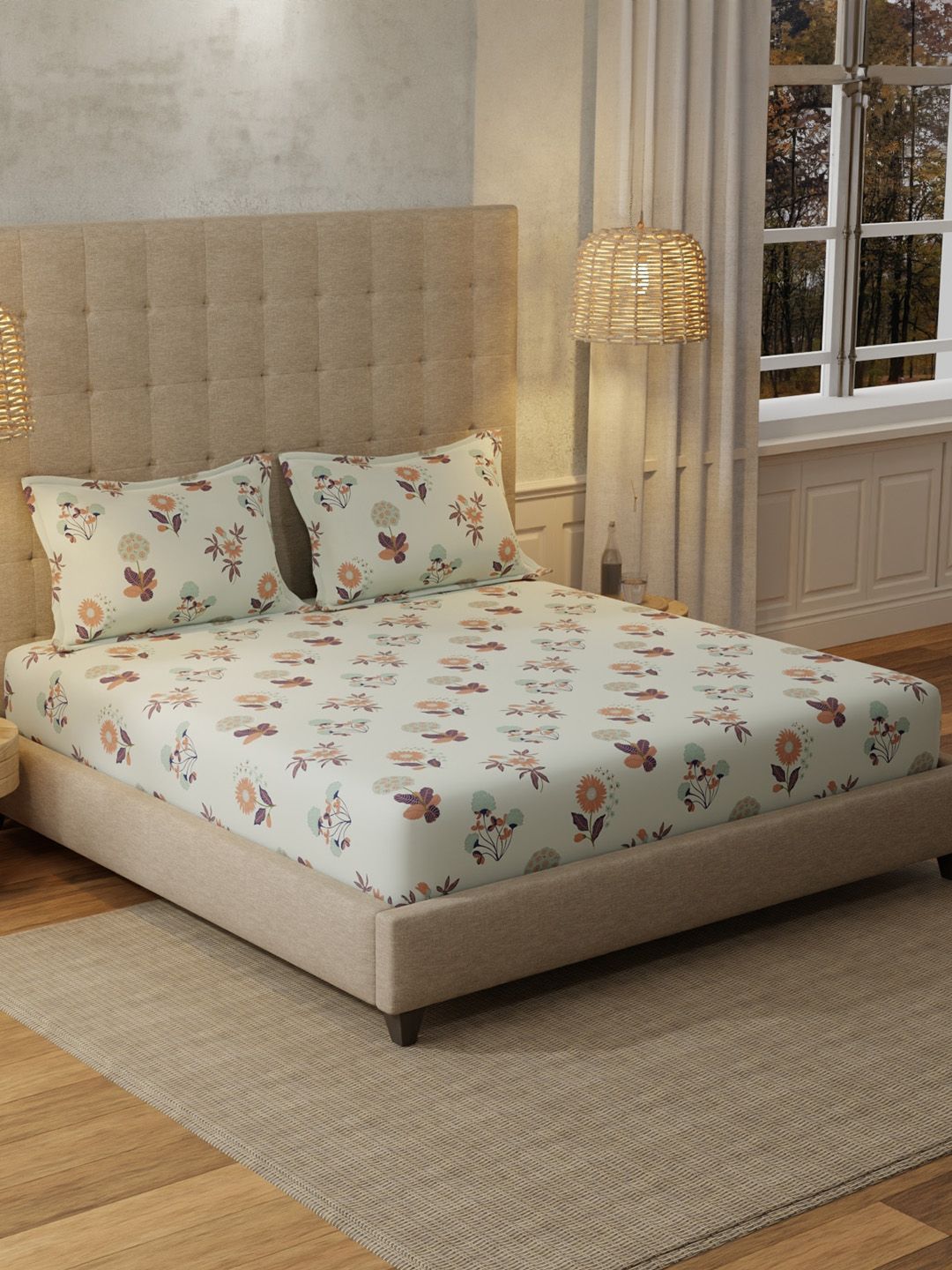 URBAN SPACE Grey Radiance Grey 200 TC Floral Queen Bedsheet