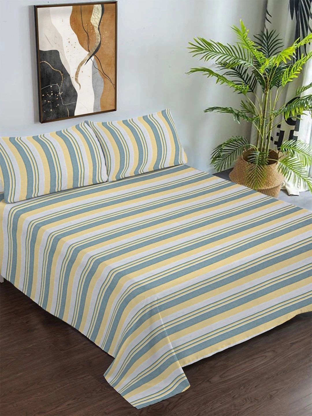 Myntra Elegant Homes Green Striped Pure Cotton Double Bedcover With 2 Pillow Cover