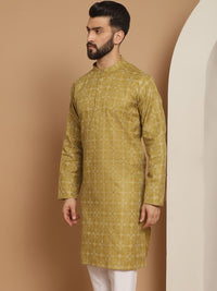 Anouk Men Olive Green Geometric Thread Work Kurta