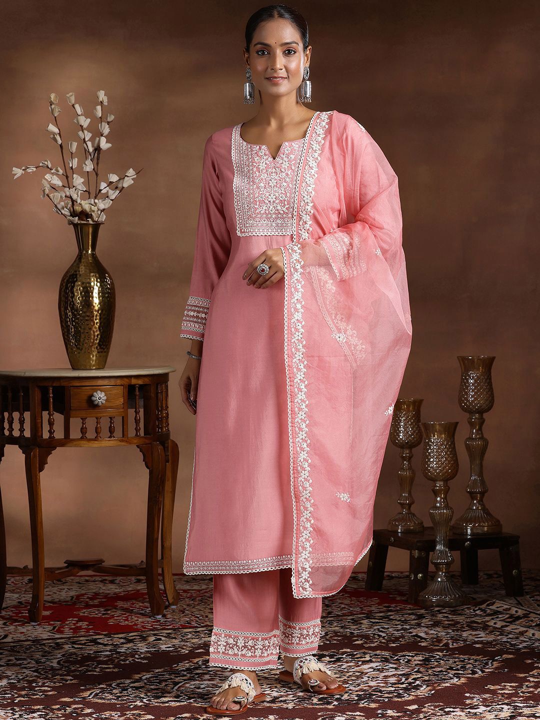 Libas Floral Yoke Design Notch Neck Thread Work Straight Kurta With Trousers & Dupatta