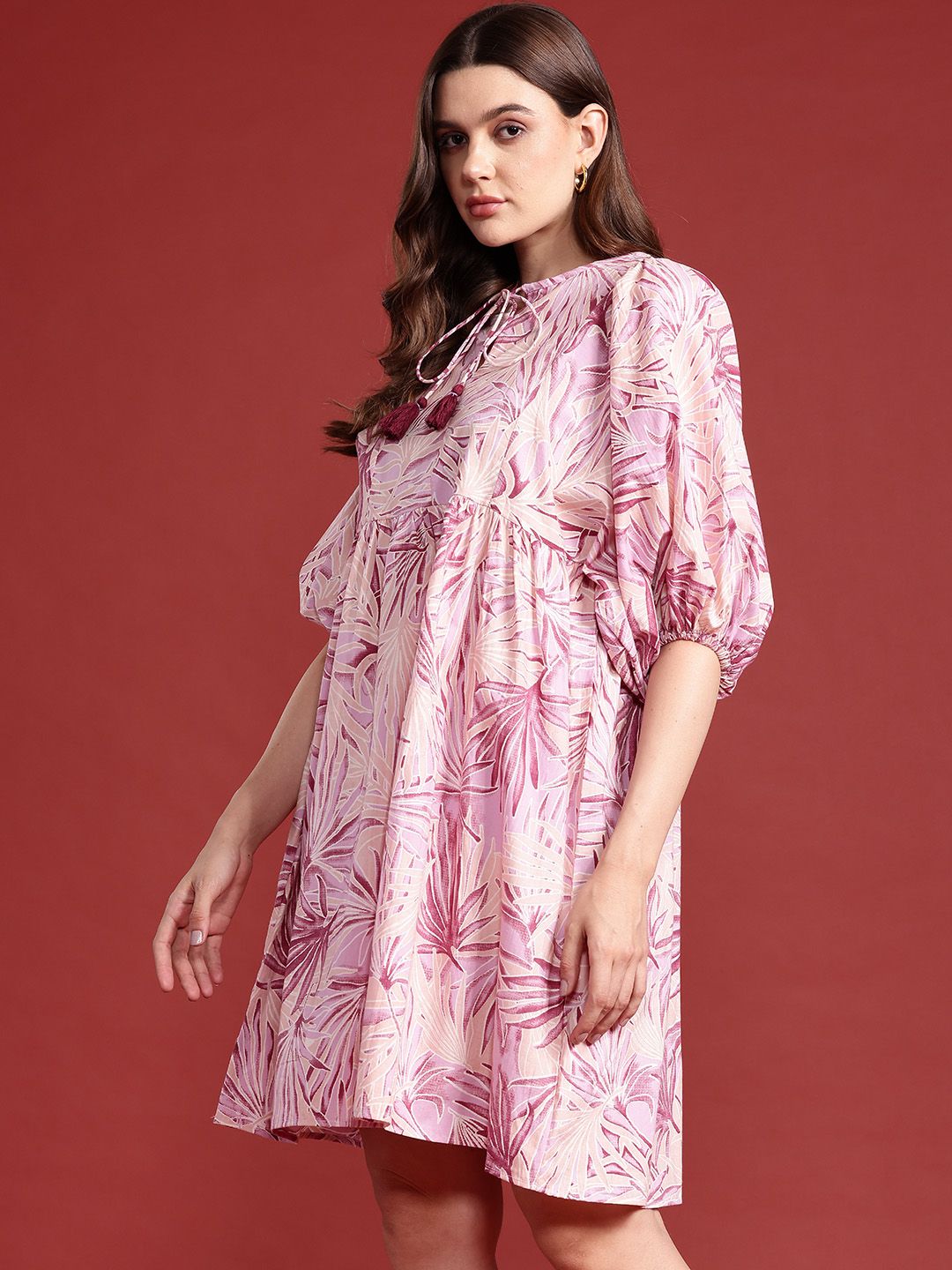all about you Floral Print Tie-Up Neck Puff Sleeves Cotton A-Line Dress
