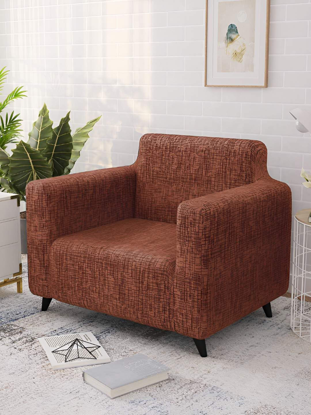 Story@home Brown Printed 1 Seater Stretchable Sofa Cover With Arms