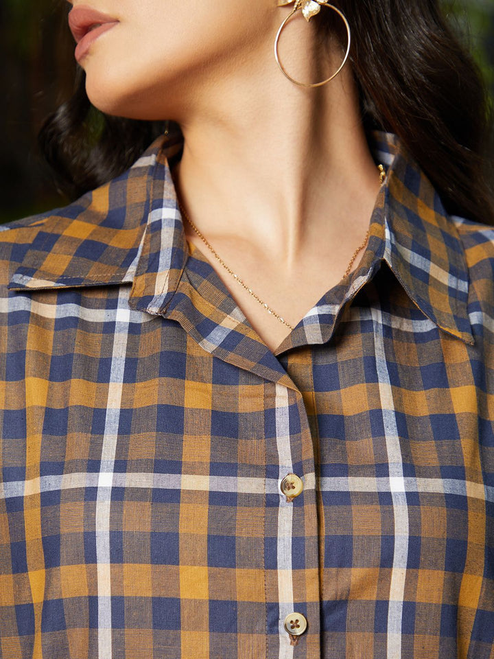 Campus Sutra Women Comfort Spread Collar Micro Checked Cotton Oversized Casual Shirt