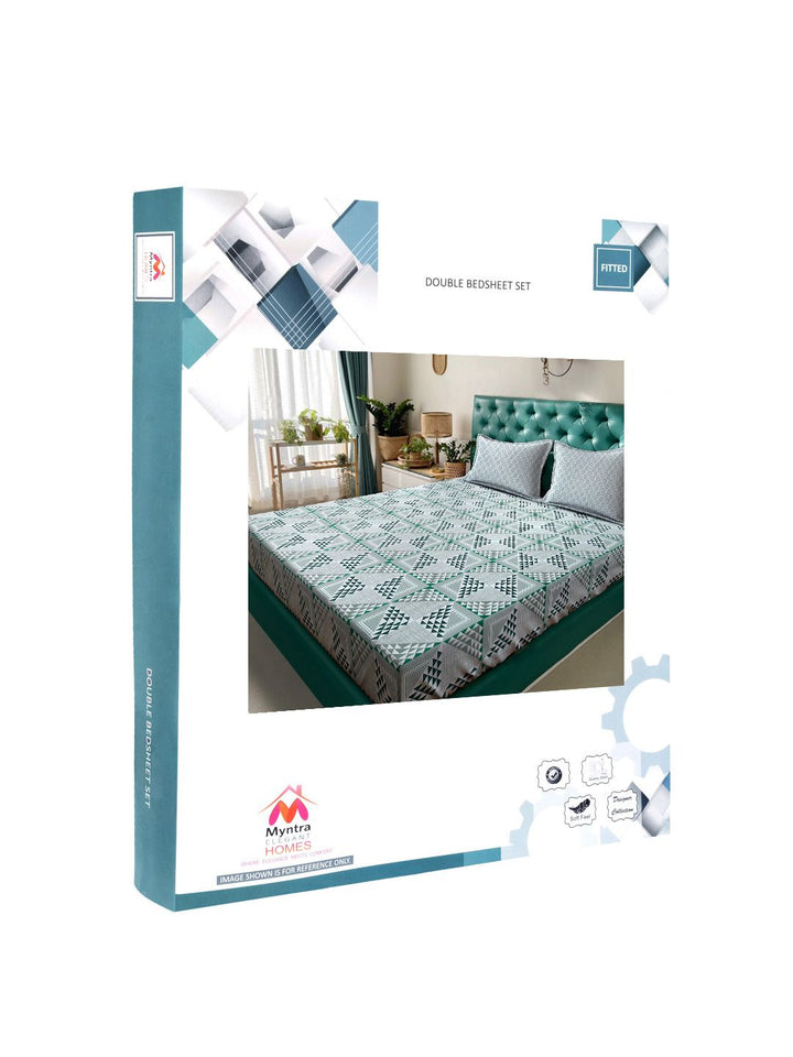 Myntra Elegant Homes Green Geometric Fitted 400TC Cotton Set Cadar King 2.50 m x 2.25 m