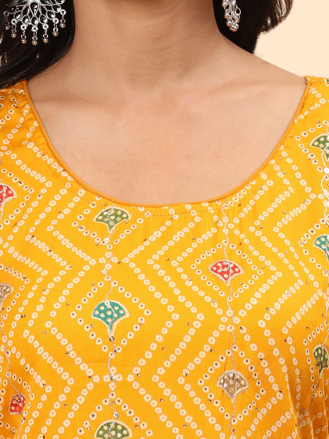 Mamicha Bandhani Printed Beads & Stones Pure Cotton Straight Kurta with Palazzos & Dupatta