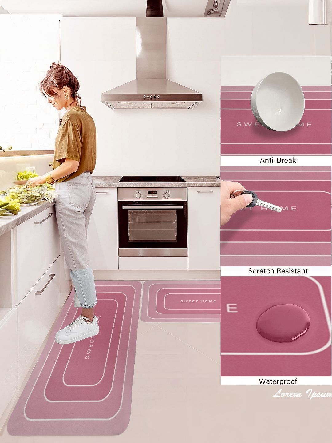 Cortina Pink 2 Pieces Printed Rectangular Anti-Skid Kitchen Mats