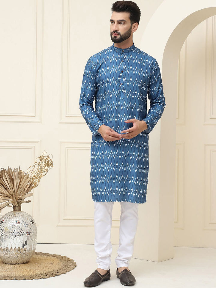 SOJANYA Kolar Mandarin Bercetak Geometrik Kapas Tulen Kurta Lurus dengan Piyama