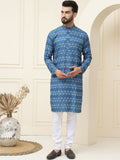SOJANYA Kolar Mandarin Bercetak Geometrik Kapas Tulen Kurta Lurus dengan Piyama