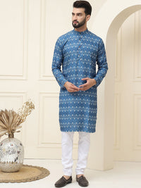 SOJANYA Kolar Mandarin Bercetak Geometrik Kapas Tulen Kurta Lurus dengan Piyama