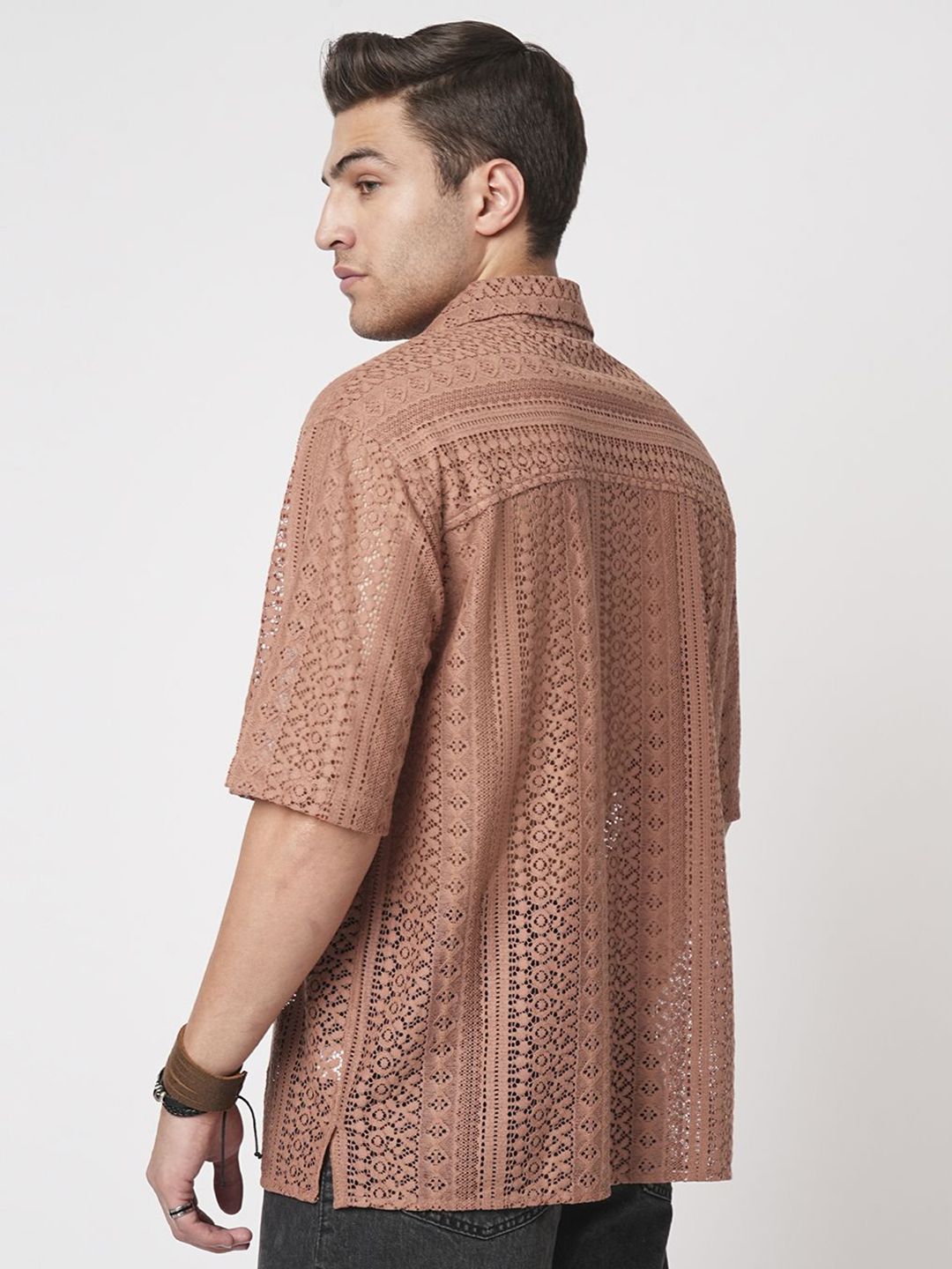 VASTRADO Men Classic Oversized Fit Spread Collar Textured Cotton Casual Shirt
