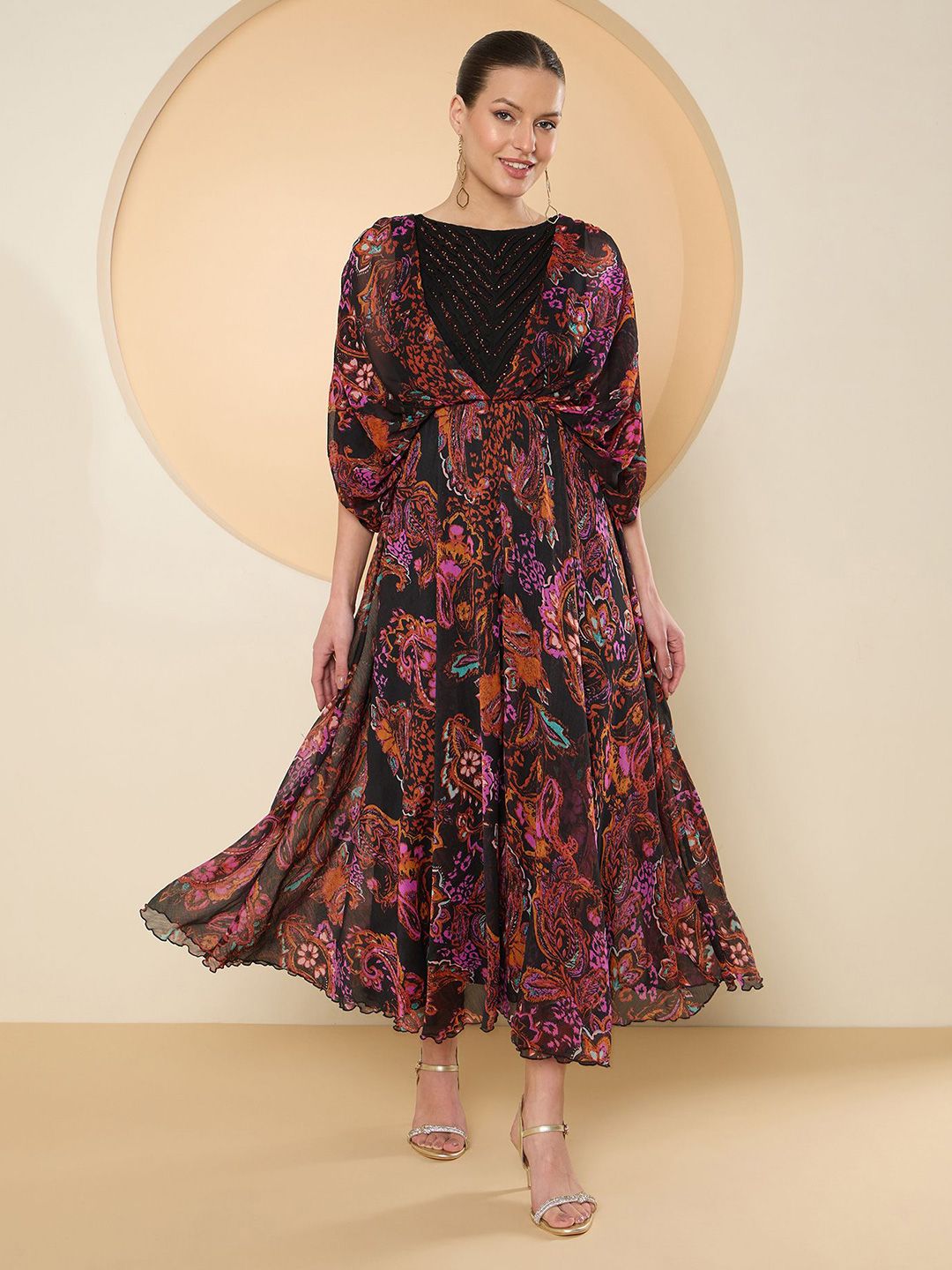 Antheaa Ethnic Motifs  Print Flared Sleeves  Fit And Flare Dress
