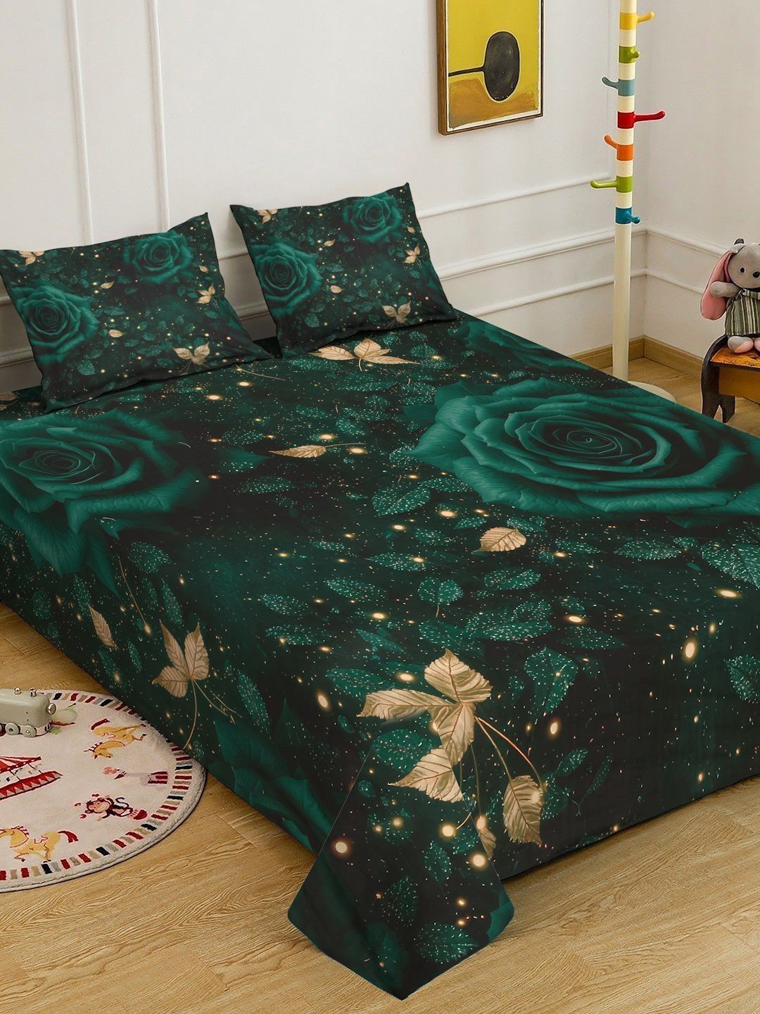 KLOTTHE Green Floral Printed Flat 300 TC King Bedsheet Dengan 2 Sarung Bantal