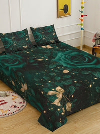 KLOTTHE Green Floral Printed Flat 300 TC King Bedsheet Dengan 2 Sarung Bantal