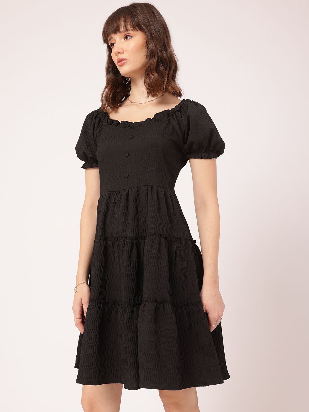 DressBerry Textured Play Tiered Fit & Flare Dress