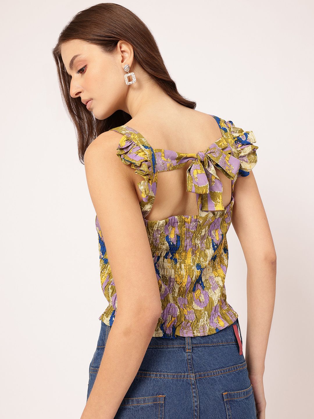 DressBerry Sunset Sizzle Printed Ruffled Smocked Bow-Detail Top