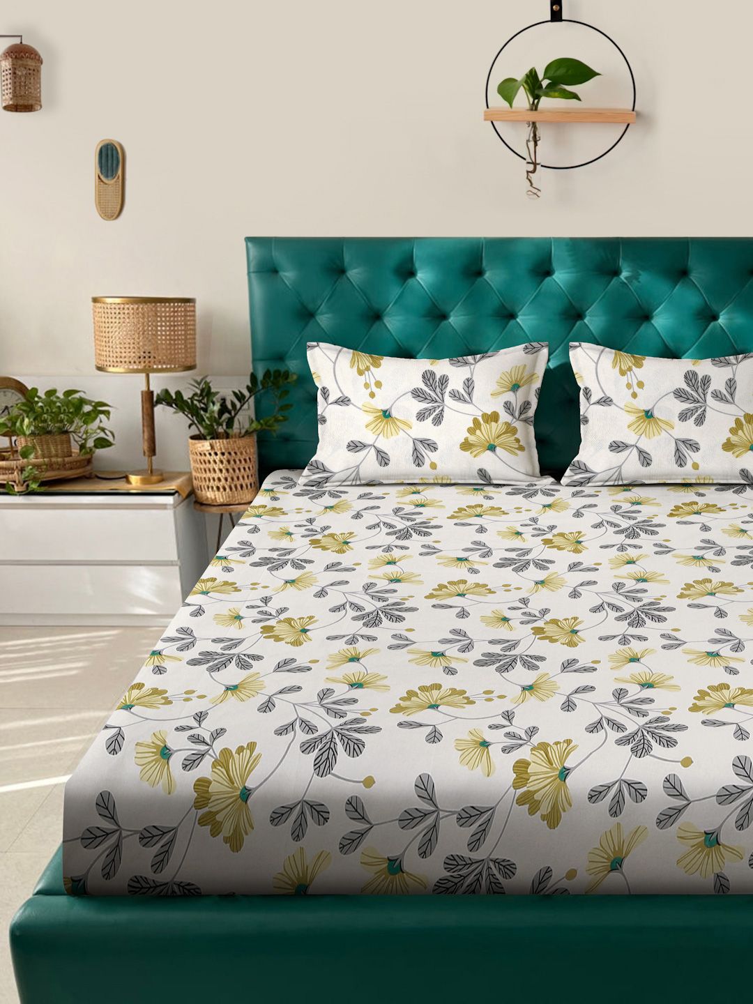 Aura White & Yellow Floral Printed 300 TC Fitted King Bedsheet Set 2.5 x 2.25 m
