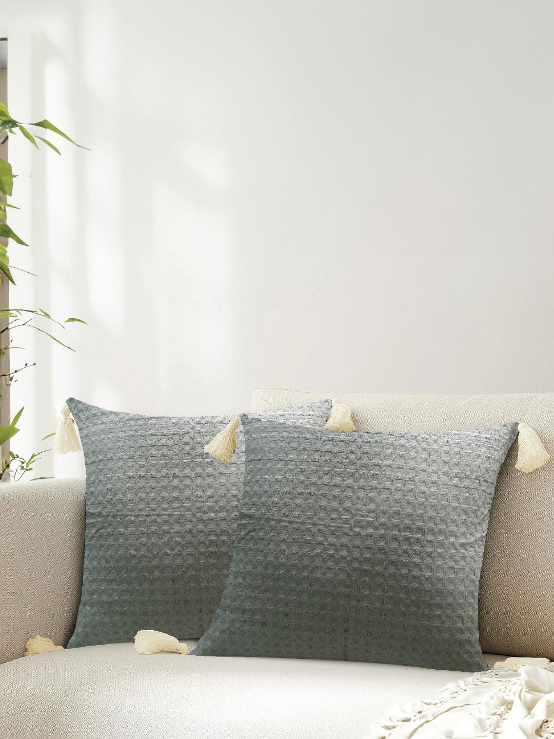 URBAN SPACE Grey 2 Pieces Checked Square Cushion Covers