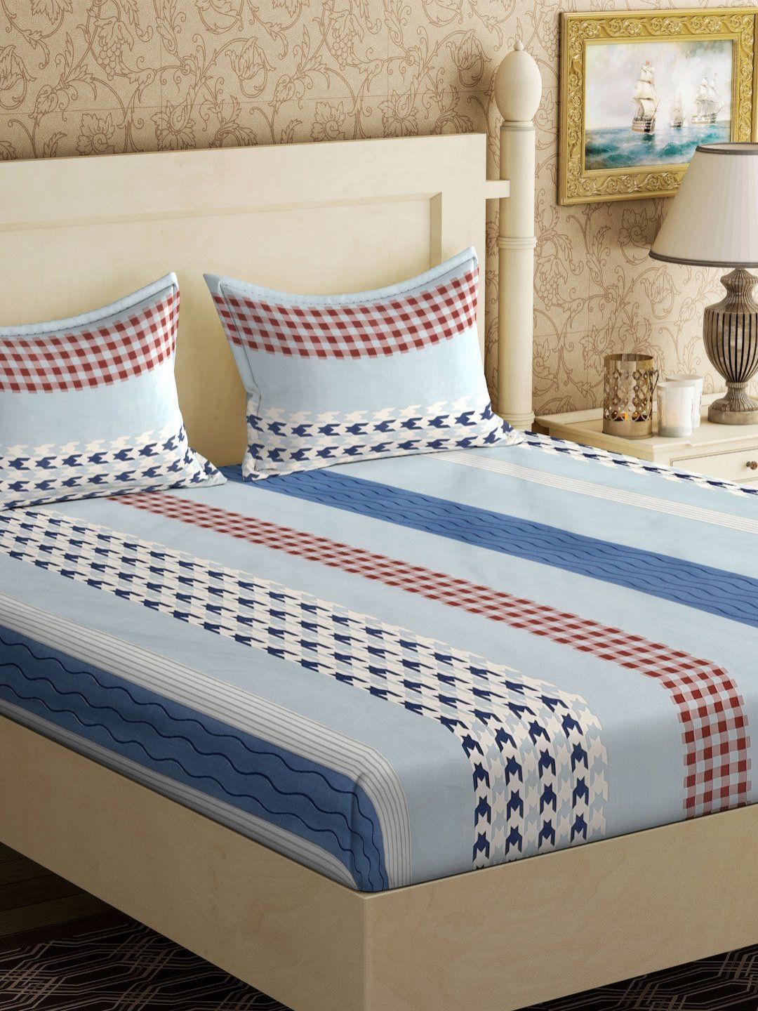 Myntra Elegant Homes Book Lipat Policotton Berjalur Kelabu 300 TC Cadar Tempat Tidur Halus King dengan 2 Sarung Bantal-98 x 89 inci