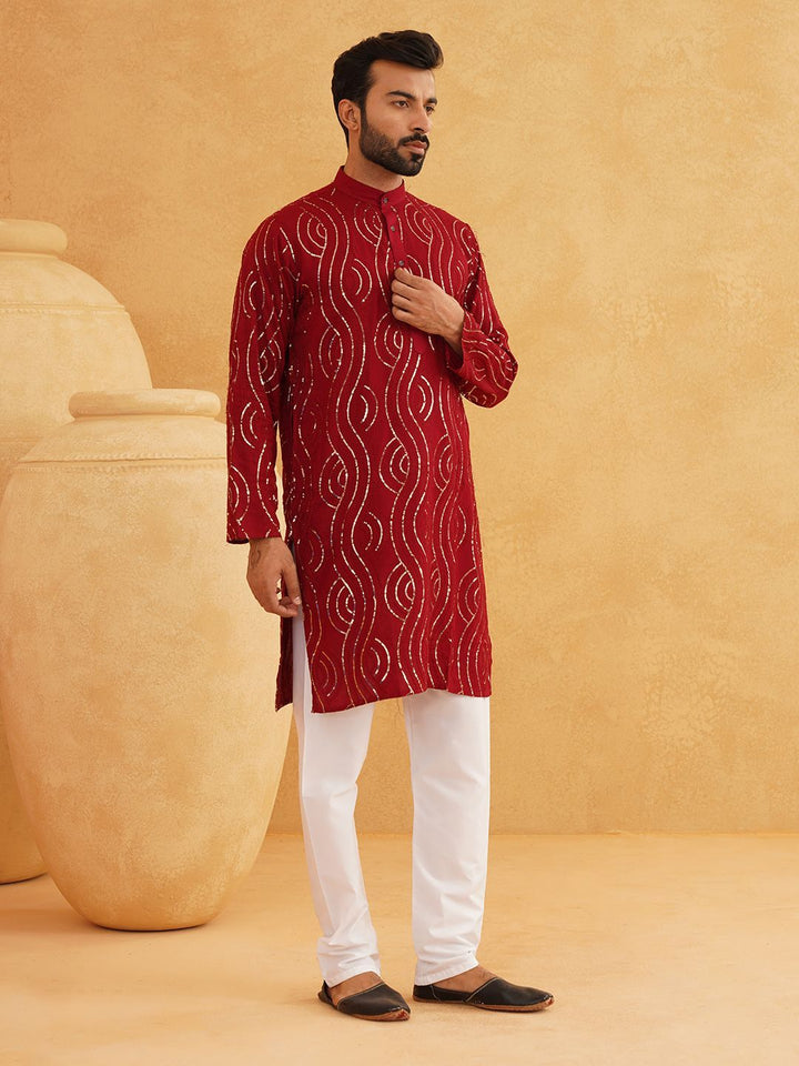 SOJANYA Leheriya Sequinned Band Collar Pure Cotton Straight Kurta With Churidar