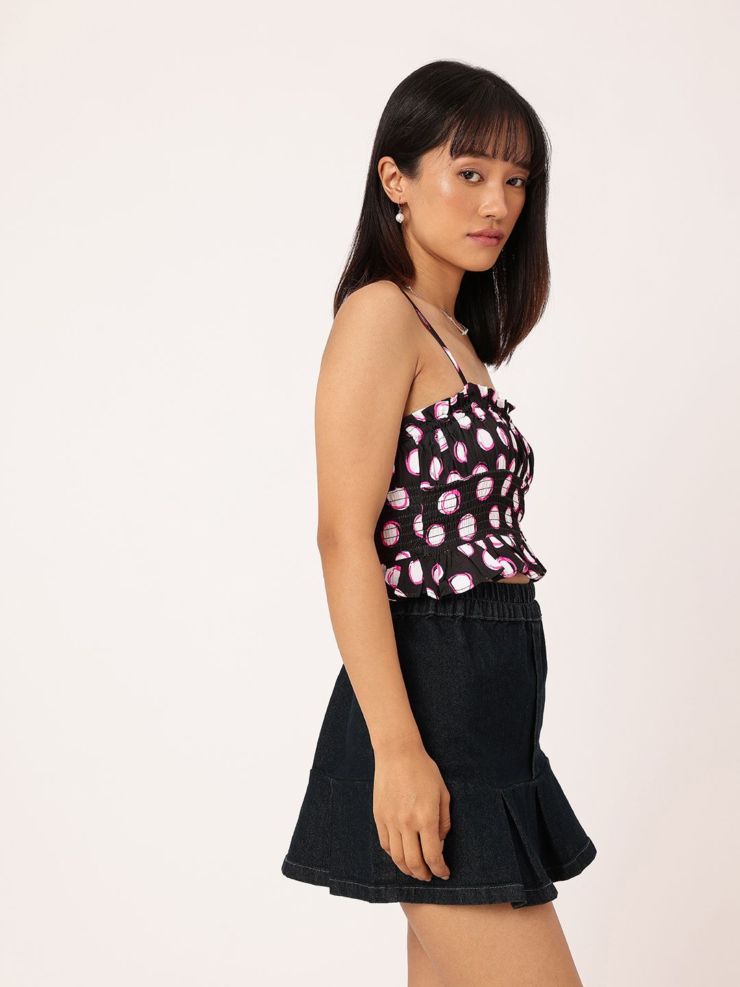 DressBerry Chic Charm Printed Ruched Gathers Smocked Crop Top