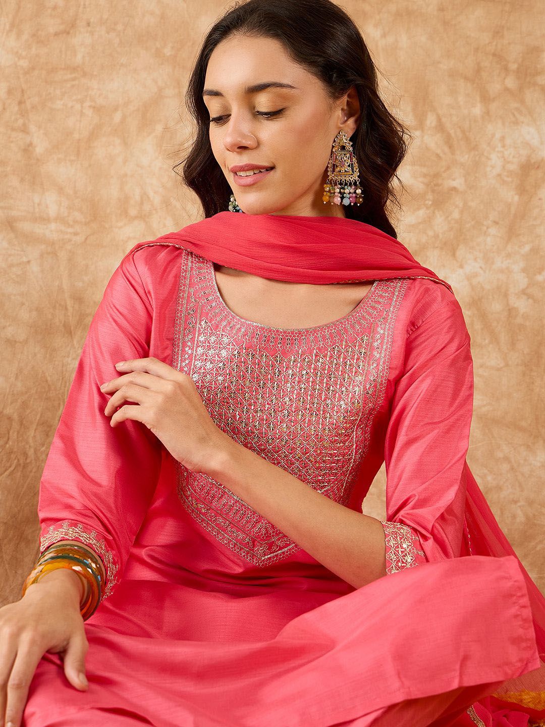 Indo Era Floral Yoke Design Straight Sequinned Kurta with Trousers & Dupatta