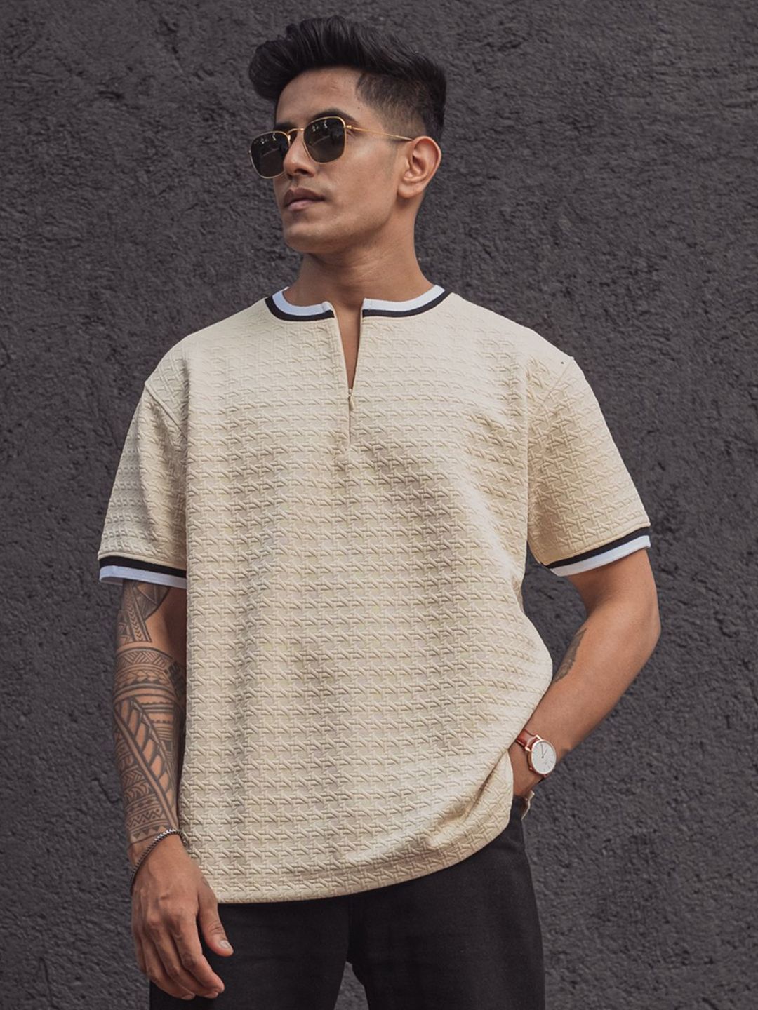 Powerlook Men Solid Mandarin Collar T-Shirt
