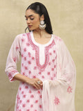 House of Chikankari Women White & Pink Georgette Chikankari Sulam Set Kurta