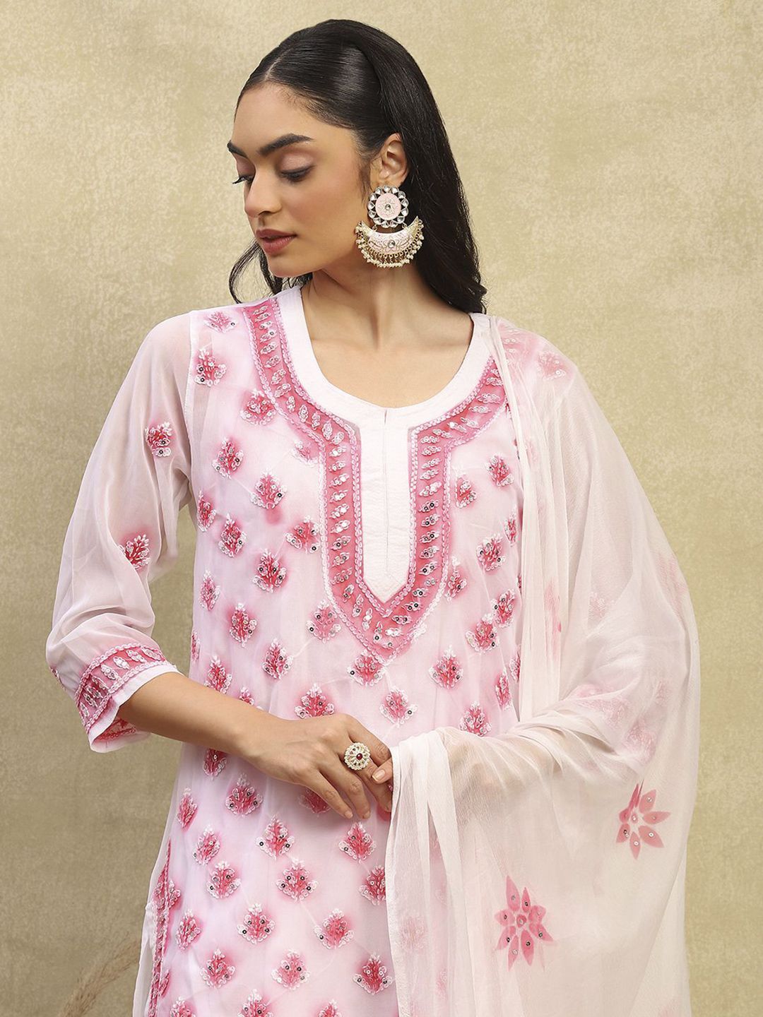 House of Chikankari Women White & Pink Georgette Chikankari Sulam Set Kurta