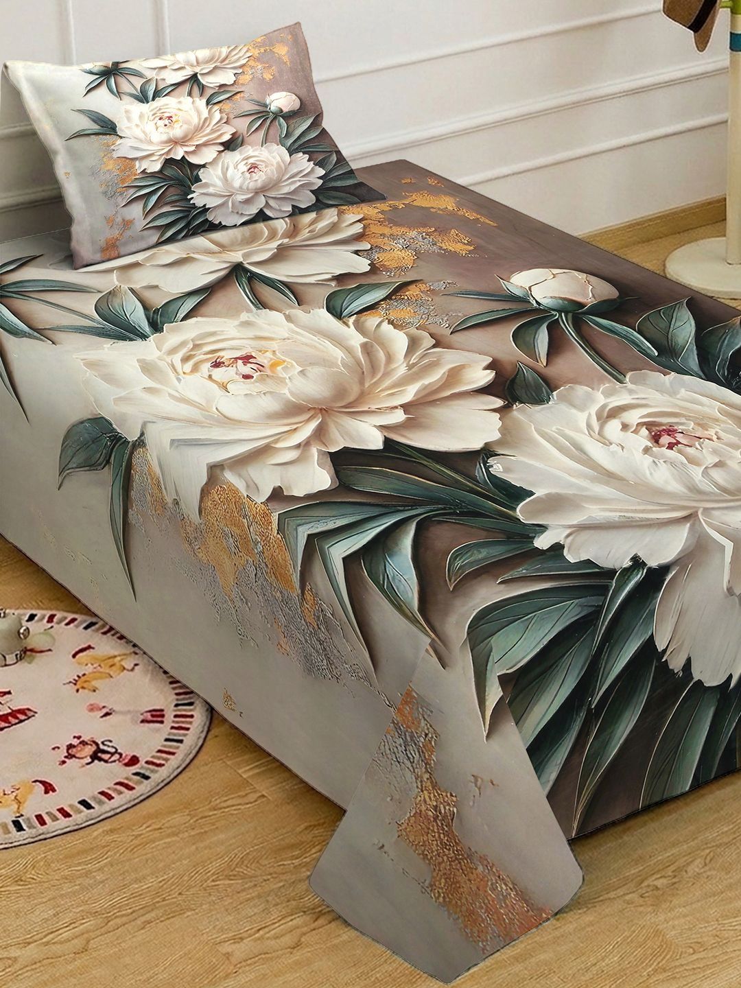 Myntra Elegant Brown & White Floral 400 TC Single Cadar 7D dengan 1 Sarung Bantal